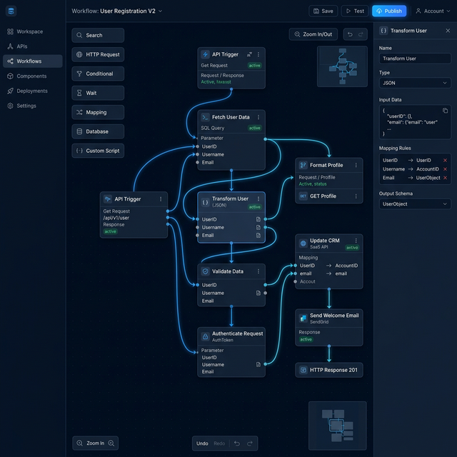 Visual API Builder interface — drag-and-drop workflow designer with connected nodes